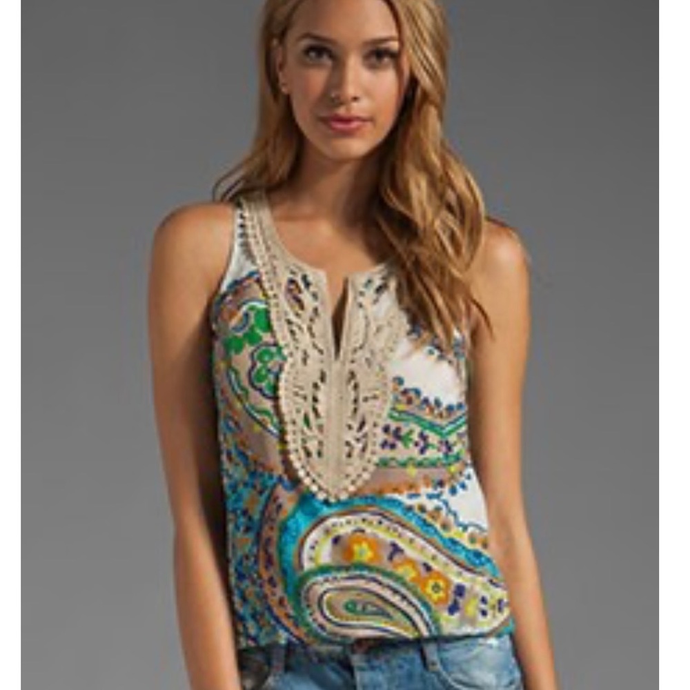 NWT Trina Turk Sheer Sleeveless Silk Embroidered Glastonbury Top Floral Paisley